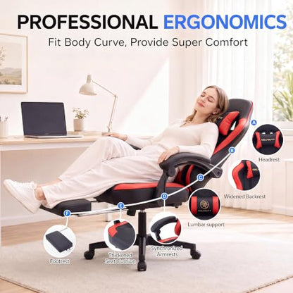 Desk Computer Gaming Chair - High Back Ergonomic Office Chair with Footrest and Lumbar Support, Swivel Comfy Home Gamer Video Game Chairs with Pocket Spring Cushion for Adults (Red Leather) - color: Classic Red Leather