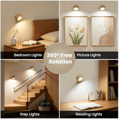 AKSDA 3Pack Battery Operated Wall Sconce, 3 Color Modes 3 Brightness Levels 360°Rotation Lighting Timer Touch & Remote Control, Wall Mounted Lamp LED Wall Lights for Bedroom Reading Bedside (Wood) - color: Wood-3PC