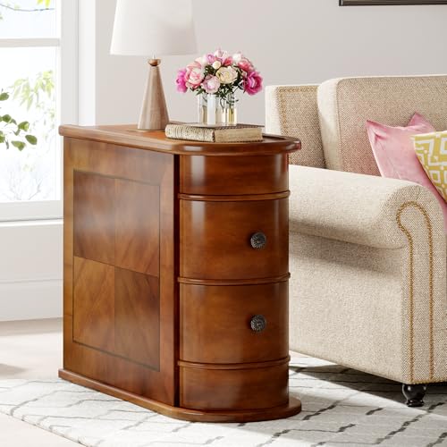 Wood End Table with 2 Drawers, No Assembly Required Narrow Sofa Side Table for Living Room, Vintage Slim Nightstand Bedside Table for Bedroom (2 Drawers, Brown, 1Pc) - color: Brown, size: 1Pc, style: 2 Drawers