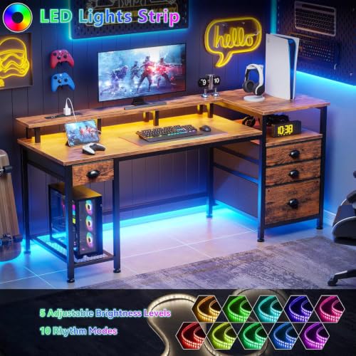 Furologee 60" Computer Desk with 4 Drawers, Power Outlet, LED, Rustic Brown - color: Rustic Brown, size: 60 Inch