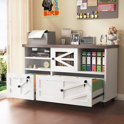 White Lateral File Cabinet with Lock, 2 Drawer Rolling Filing Cabinet for Home Office, Mobile Storage Cabinet with Open Shelves & Sliding Door, Fits Legal/Letter/A4 Files, Herringbone Design - color: White Herringbone-2 Drawers