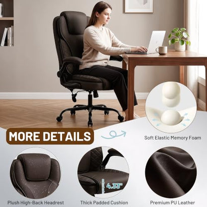 Ergonomic Office Chair, PU Leather High Back Executive Chair with Adjustable Inflatable Lumbar Support and Padded Flip-Up Arms, Recline Swivel Task Computer Chair for Home Office, Dark Brown - color: Dark Brown