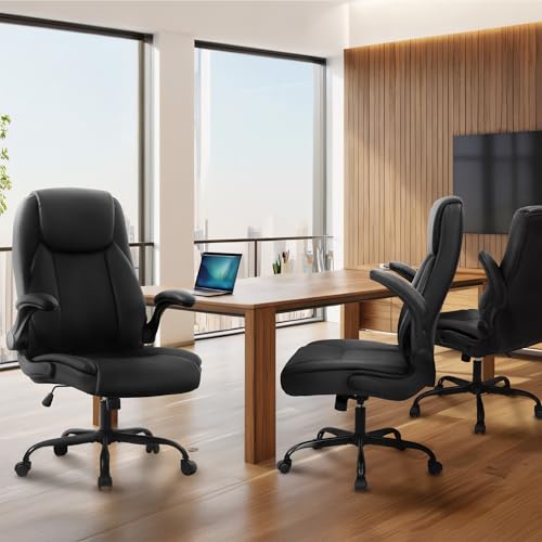 NEO CHAIR Office Desk Chair, High Back PU Leather with Flip-up Arms, Black | Ergonomic Tall Computer Desk Chair Comfy, Height Adjustable, Swivel Rolling Wheels for Office Home Gaming Study - color: Black