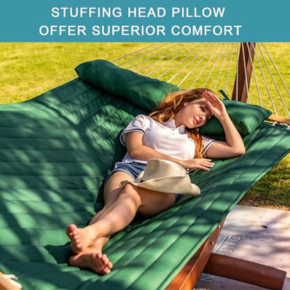 Lazy Daze Double Quilted Hammock with Pillow for Outside, Fit 13-15Ft Stand - color: Dark Green