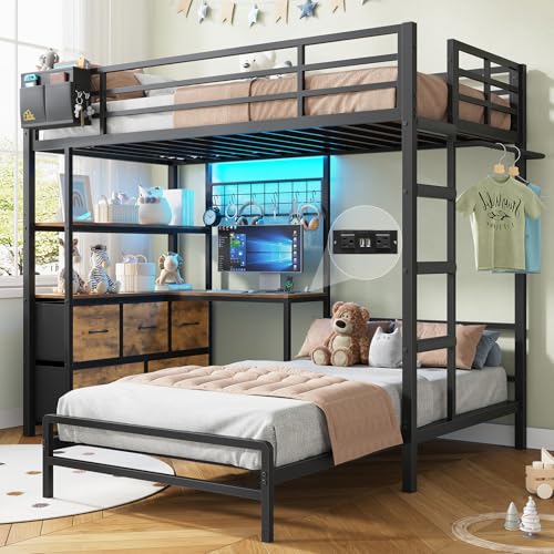DICTAC Bunk Bed with L-Shaped Desk,5 Storage Drawers and 2 Shelves Metal Twin XL Over Twin Bunk Bed with LED Lights and Charging Station,bunk Beds with Safety Guardrail & Ladder,Space-Saving,Black - color: Black, size: Twin XL Over Twin