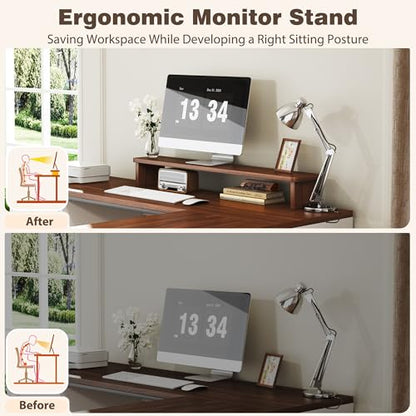 HUAHUU 78" Farmhouse L Shaped Executive Desk with Drawers, Modern Computer Desk with Power Outlets, Office Writing Desk with Monitor Stand & Storage Cabinet, Printer Shelf, Antique White - color: Walnut and White