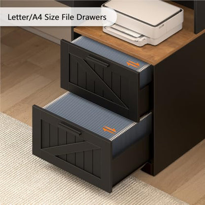 65" Farmhouse Computer Desk with Drawers and Printer Stand for Home Office - color: Brown and Black