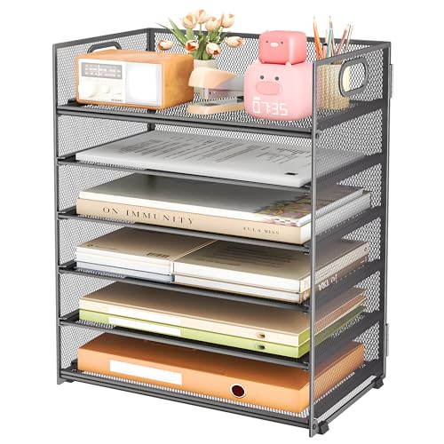 Subekyu 6 Tier Paper Organizer for Desk with Handle, Metal Mesh Desk Office File Folder Paper Letter Tray Accessories Organizer Sorter for Home, School, Office Desktop Document Organization - Gray - color: Gray