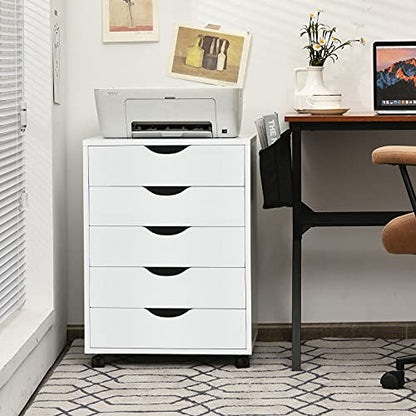 Giantex 5-Drawer Vertical File Cabinet, Mobile Office Storage Cabinet with Drawers, Large Capacity, 2 Lockable Casters and Universal Wheels, Under Desk Side Printer Stand Rolling File Cabinet (White) - color: White