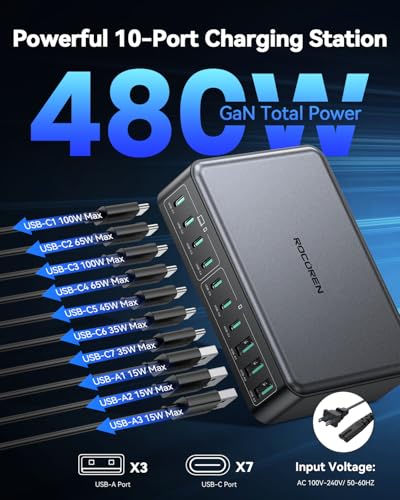 Rocoren 480W GaN 10‑Port Charging Station, PD 100W Fast USB‑C Charger Hub - color: Black-480W