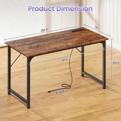 PRAISUN 40 X 20 Inch Computer Desk, Power Outlets, USB-C, Rustic Brown - color: Rustic Brown, size: 40inch