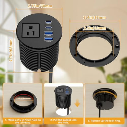 2-1/2" Desk Power Grommet, PD 20W USB-C, 2 AC Outlets - size: 2-1/2" Hole