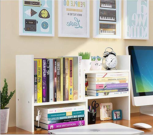 Sorfity Expandable Wood Desktop Bookshelf Desktop Organizer Office Storage Rack Wood Display Shelf - Free Style Display True Natural Stand Shelf Rack Assemble - color: White