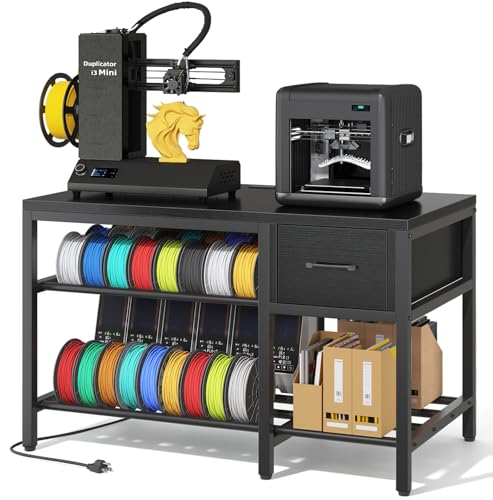 3D Printer Stand with Filament Storage – Heavy Duty Metal 3D Printer Table with Drawer and Power Hub for Workshop, Studio, and Office - color: Black, size: 39.4" x 24" x 28" H