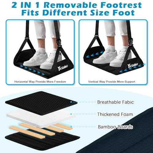 Yotako Airplane Foot Hammock-Removable Wide Bamboo Airplane Foot Rest with Extended Adjustment Strap, Desk Foot Hammock to Relax Your Feet Foot Sling Travel Essentials with Storage Pouch, Black