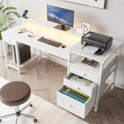 Furologee 60" White Computer Desk with 4 Drawers, Power Outlet, LED Lights - color: White, size: 60 Inch