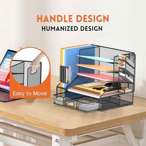 5-Tier Desk Organizer with File Holder & Pen Holder & Sliding Drawer, Black - color: Black