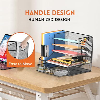 5-Tier Desk Organizer with File Holder & Pen Holder & Sliding Drawer, Black - color: Black