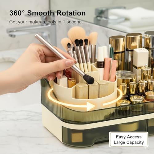 Makeup Organizer Countertop with Dual Drawers, Large Capacity Cosmetic Storage for Vanity Bathroom Skincare, 360° Rotating Makeup Brush Holder - color: green