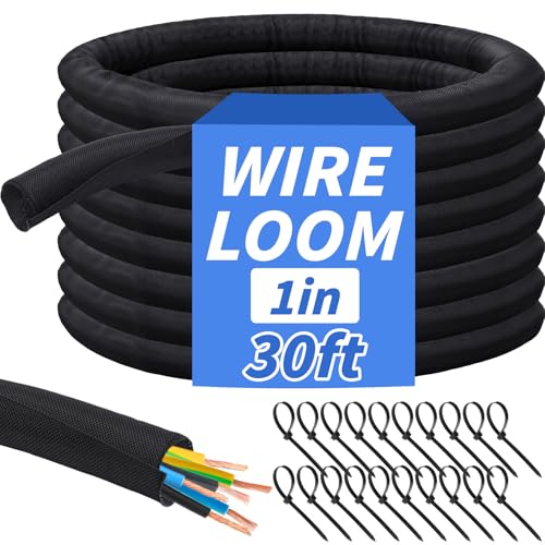 30ft - 1in Split Braided Sleeve Cable Management, Self-Wrapping | Flexible loom tubing protects wires from abrasion and heat. Great for automotive, TV, computer, and home electrical use. - size: 1inx30ft