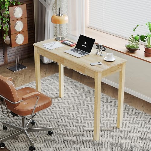 Solid Wood Desk with Drawers - 39 x 16 Inch Simple Narrow Desks, Rubber Wood Study Table, Small Writing Desk for Small Spaces|Bedroom - Natural Boho Desks - color: Natural, size: 39.4 in W x 15.7 in D