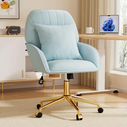 Home Office Desk Chair Comfy with Adjustable Swivel Wheels, Modern Velvet Makeup Vanity Chair with Back & Pillow, Ergonomic Office Chair Computer Task Chair for Living Room, Bedroom, Blue - color: Blue