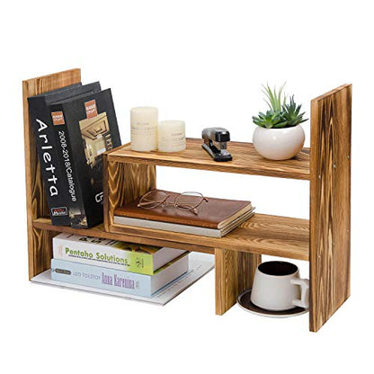 Adjustable Extendable Natural Wood Desktop Organizer Caddy Desk Organizer Countertop Shelf Bookcase Display Stand Rack Expandable Storage Office Home (Dark Brown)