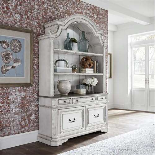 Ashford & Sons White Credenza Desk, Antique Finish, Rubberwood Solids and Oak/Birch Veneers, Weathered Brown Top, Dovetail Construction, File and Storage Drawers, Antique Pewter Hardware, Office - size: Filing Credenza