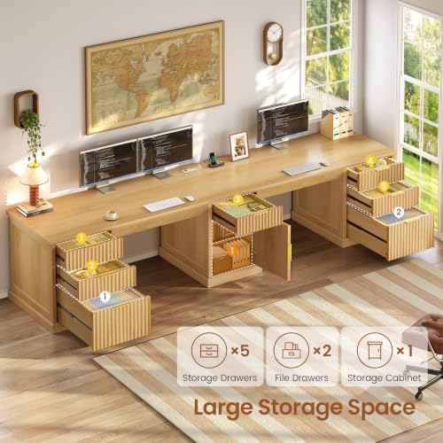 SEDETA Fluted 110.3" Two Person Desk with 7 Drawers for Office, Fluted Oak - color: Fluted Oak, size: 110.3" Two Person Desk
