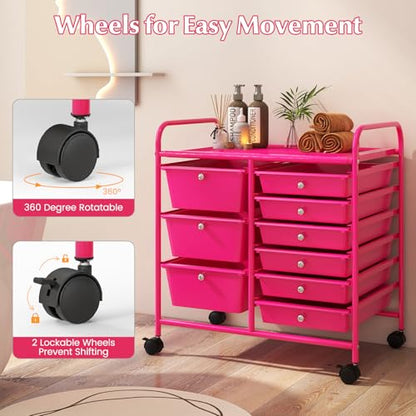 RELAX4LIFE 9 Drawer Rolling Storage Cart - Mobile Drawer Carts for Craft Art Supply Paper Salon, Utility Cart on Wheels for Classroom Teacher School Office, Rolling Cart with Drawers (Hot Pink) - color: Hot Pink, style: 9 Drawers