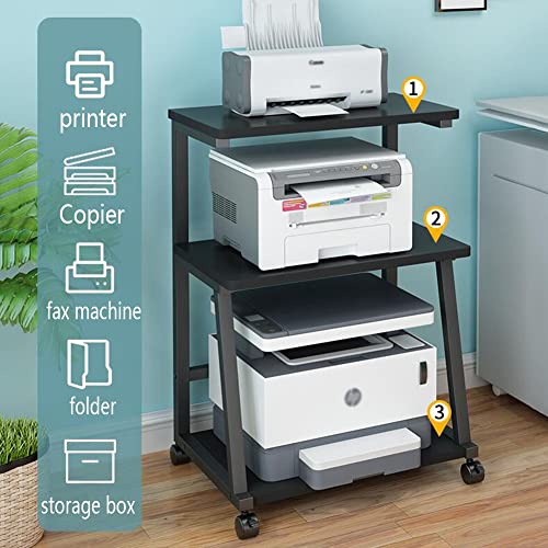 Printer Stand, 3 Tier Rolling Cart with Wheels, Multi-Purpose Organizer for Home Office, Ideal for Printers, Scanners, and Fax Machines - color: Black, size: 52.6x38x75cm