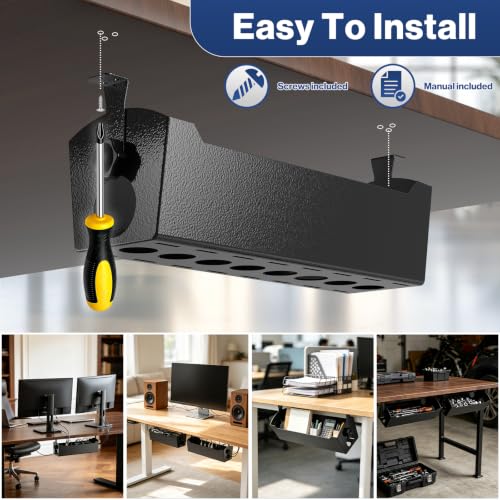 POCHAR Under Desk Cable Management Tray, 15" Power Strip Holder | Heavy Duty 1.7mm Steel Wire Organizer with 9-Cord Routing Openings, Screw Mount Cord Management for Standing Desk Home Office - size: 15 inch
