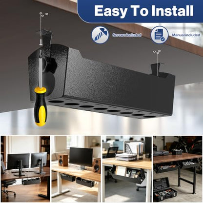 POCHAR Under Desk Cable Management Tray, 15" Power Strip Holder | Heavy Duty 1.7mm Steel Wire Organizer with 9-Cord Routing Openings, Screw Mount Cord Management for Standing Desk Home Office - size: 15 inch