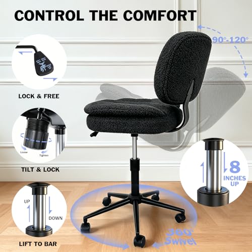 Ergonomic Cross Legged Office Chair with Footrest, 360° Swivel Height Adjustable Faux Shearling Criss Cross Chair, Wide Seat & Back Support for Home Office, ADHD, Black - color: Wool Black
