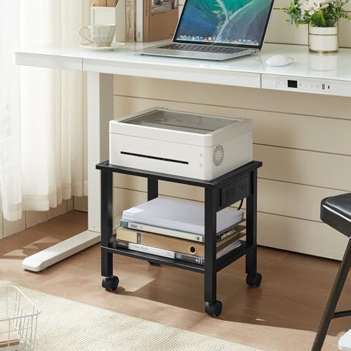 YUFAM 2 Tier Under Desk Printer Stand with Charging Station, Black - color: Black, size: 11.8"D×15.7"W×15.3"H(With USB)
