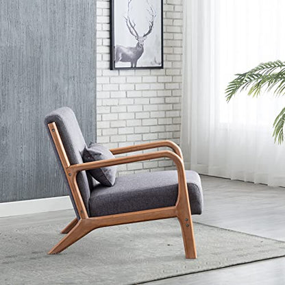 INZOY Mid Century Modern Accent Chair with Wood Frame, Upholstered Living Room Chairs with Waist Cushion, Reading Armchair for Bedroom Sunroom (Dark Grey) - color: A-grey