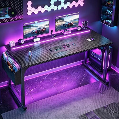 DurayLoly 55" Carbon Fiber Gaming Desk with RGB LED for Teens Bedroom,Black - color: Black, size: 55 Inch