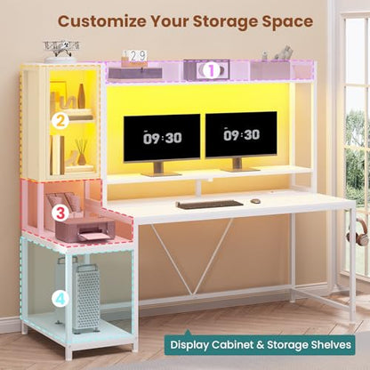 SEDETA 60'' Gaming Desk with Storage, Hutch, Display Cabinet and LED Lights - color: White
