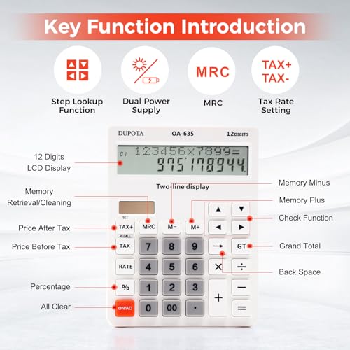 Desk Calculator 2 Line Large Display Big Buttons Vat Calculators | Dual Solar Power and Battery, Calculator with Tax and Check Function for Office, Home, School and Business（OA-635） - size: OA-635