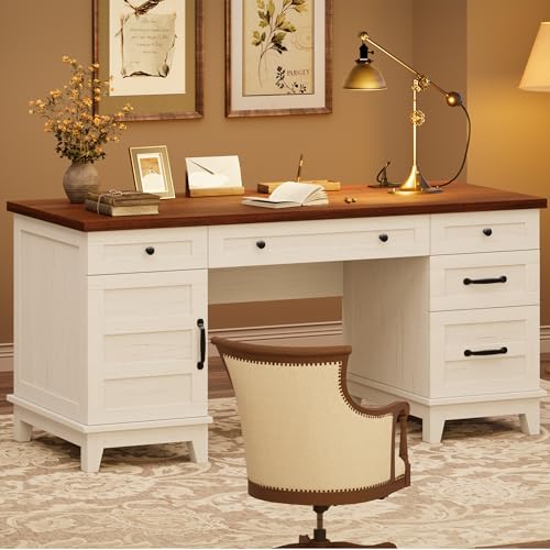 60" Executive Desk with Power Outlet, Home Office Desk with Drawers, Wooden Work Desk with File Cabinet, Computer Desk for Work, Study, Writing, White and Brown - color: White and Brown