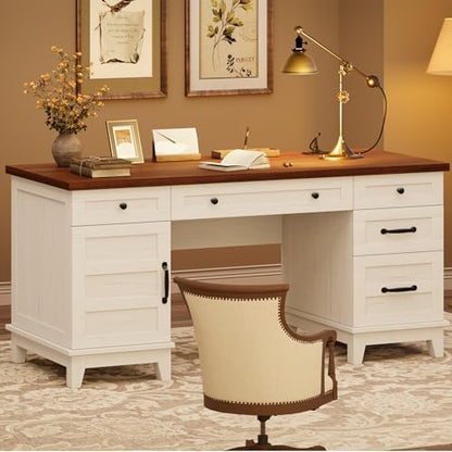 60" Executive Desk with Power Outlet, Home Office Desk with Drawers, Wooden Work Desk with File Cabinet, Computer Desk for Work, Study, Writing, White and Brown - color: White and Brown