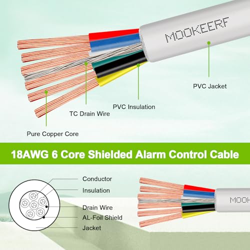 MOOKEERF 18/6 Shielded Wire 18AWG 6 Conductor 50FT Shielded Plenum Cable White CL3P Jacket Alarm Control Cable Stranded Pure Copper for Low Voltage LED,Burglar System,Fire Detector,Security Station - size: 50FT, style: 18/6
