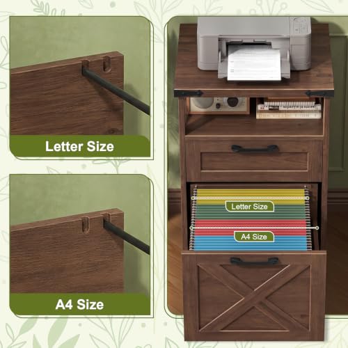 Halitaa Office Filing Vertical Cabinet with 2 Drawers, Walnut | Farmhouse Filing Cabinet with Open Storage Space and Printer Stand for Hanging Files Letter/A4 for Home Office - color: Walnut, style: Vertical