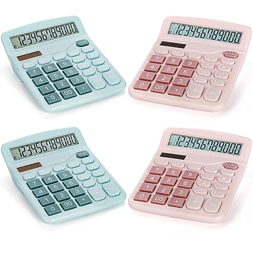 Noamus 4 Pack Handheld Desktop Calculators, Solar Battery Dual Power Basic Calculator 12 Digit Large Display, Standard Functional Desk Calculator Big Sensitive Button for Office Home School Pink Blue