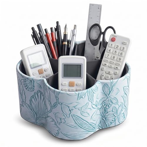 Flower Shaped Leather Art Supply Organizer,Remote Control Holder,360 Degree Spinning,Multi-Functional Pencil Holder,5 Compartments Desktop Stationary Organizer(1-Flower Blue) - color: 1-Flower Blue, size: 360 Degree Rotation