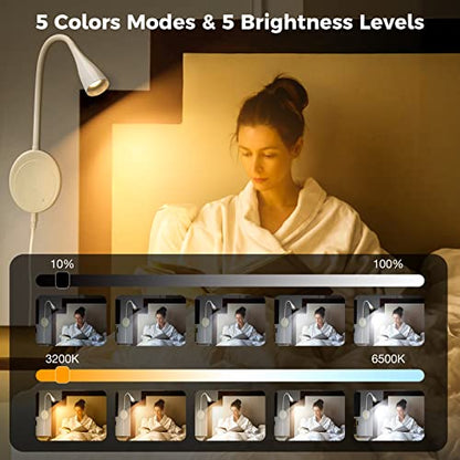 SANKEDOU LED Wall Mount Reading Light, Bedside Reading Lights with Touch Control, 5 Dimmable, USB Output, Night Light & Timers, Flexible Gooseneck Headboard Bed Lights wall Sconce (White-2P) - color: White-2P