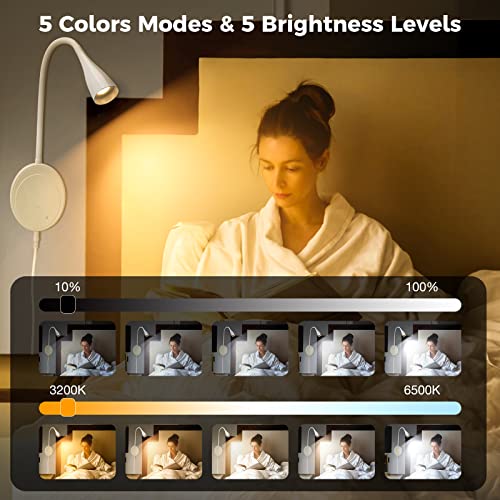SANKEDOU LED Wall Mounted Reading Light, Book Light for Reading in Bed with Touch Control, 5 Dimmable, USB Output, Night Light & Timers Function, Flexible Gooseneck Headboard Bed Lights (White) - color: White