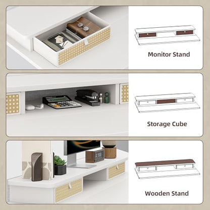 TIQLAB Standing Desk with Two Drawers, Stand Up Standing Desk Adjustable Height, Electric Sit Stand Table with Storage Shelf and Splice Board, 55 * 24 inch, White Wicker - color: White Wicker, size: 55*24 inch without keyboard tray