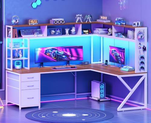 SEDETA L Shaped Gaming Desk with Storage Drawers and Hutch, Convertible 94.5" Computer Desk with Drawers, Corner Computer Desk with Power Outlet, LED Lights, Pegboard for Home Office, White and Brown - color: White and Brown