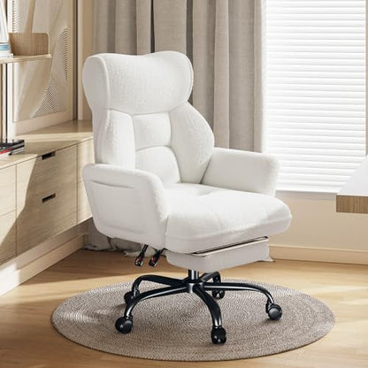 DurayLoly Big and Tall Office Chair with Footrest & Adjustable Armrests | 145° Reclining Backrest, Soft Teddy Fleece, Height Adjustable & 360° Swivel for Home Office, Bedroom, White - color: White